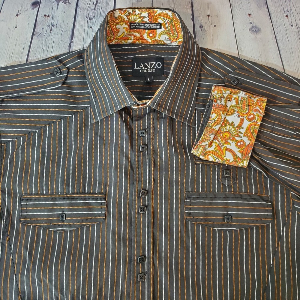 Lanzo Couture Large Button Up Long Sleeve Shirt Flip Cuff Striped Black Pockets